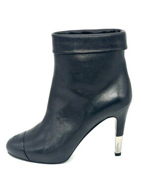 CHANEL 13B Leather Metal Heel Logo Cap Toe Cuffed Ankle Boots Shoes